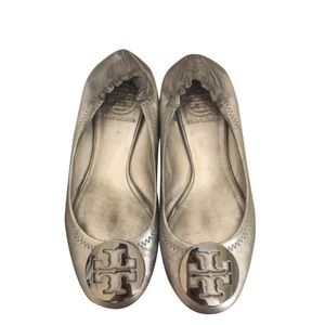 Tory Burch Gray Metallic Leather Ballet Flats